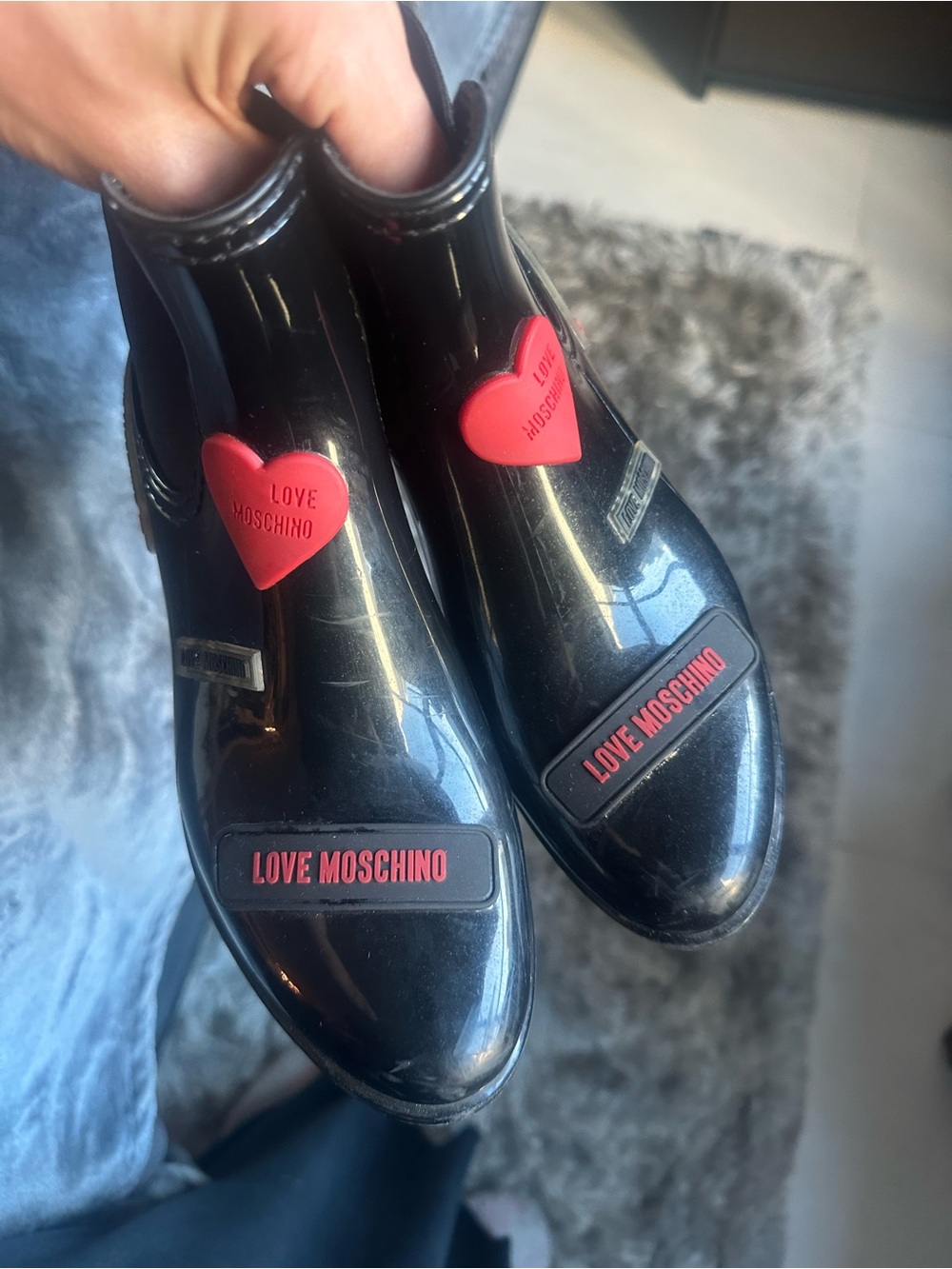Love Moschino Black Glossy Ankle Rain Boots with Red Heart Details